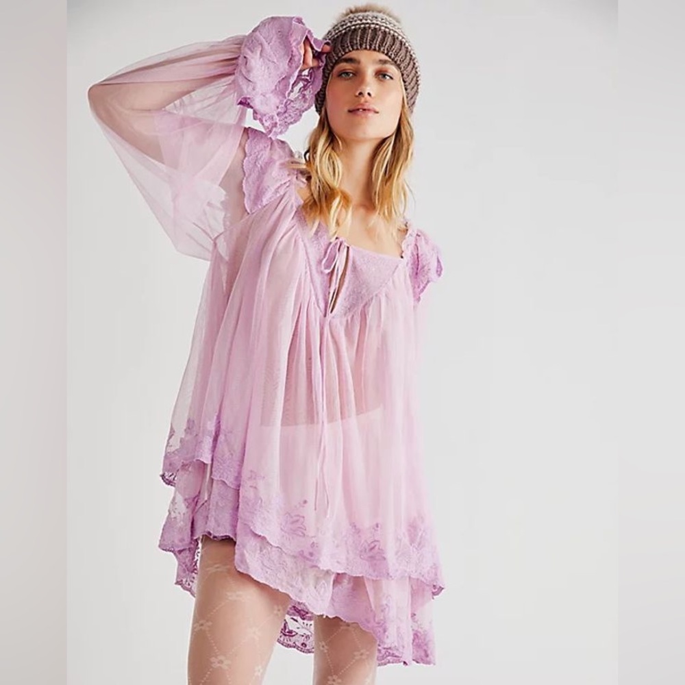Free People Sheer Lilac Lace Babydoll Dress - runs oversized
